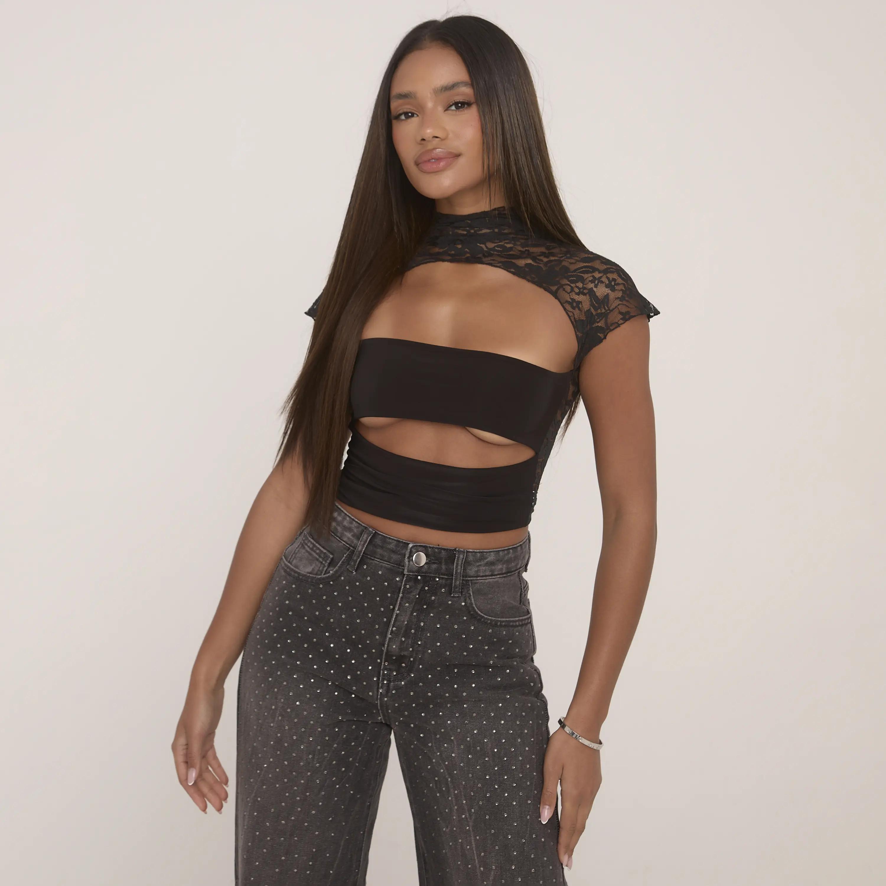 Lace Insert High Neck Short Sleeve Slashed Underbust Top