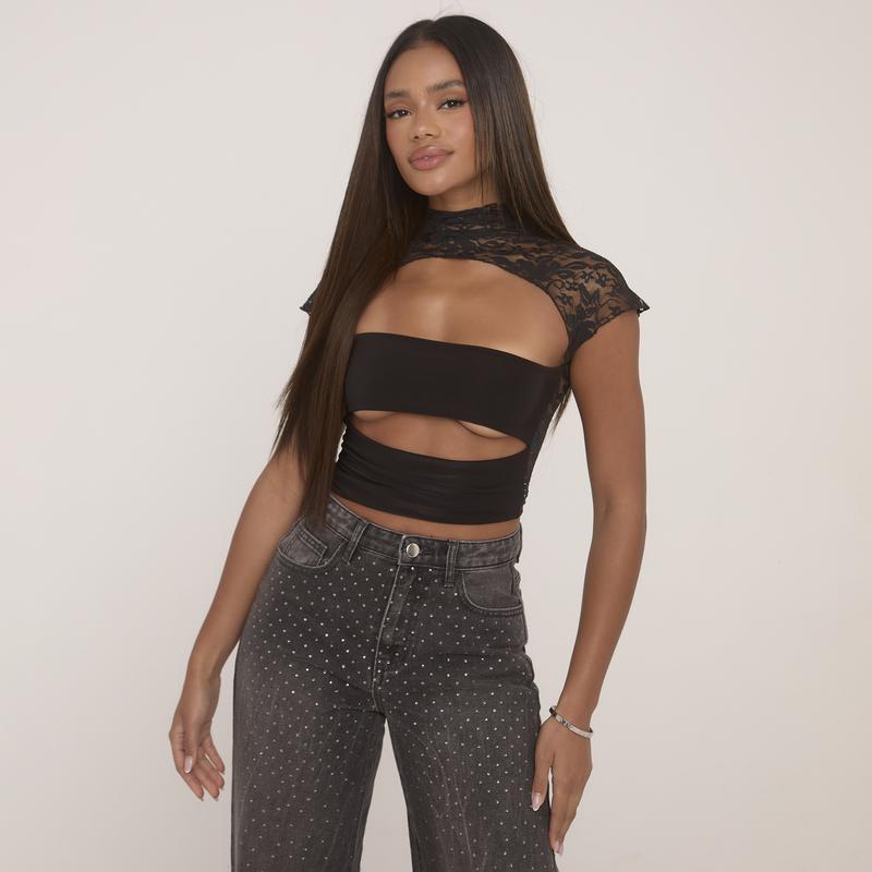 Lace Insert High Neck Short Sleeve Slashed Underbust Top 0
