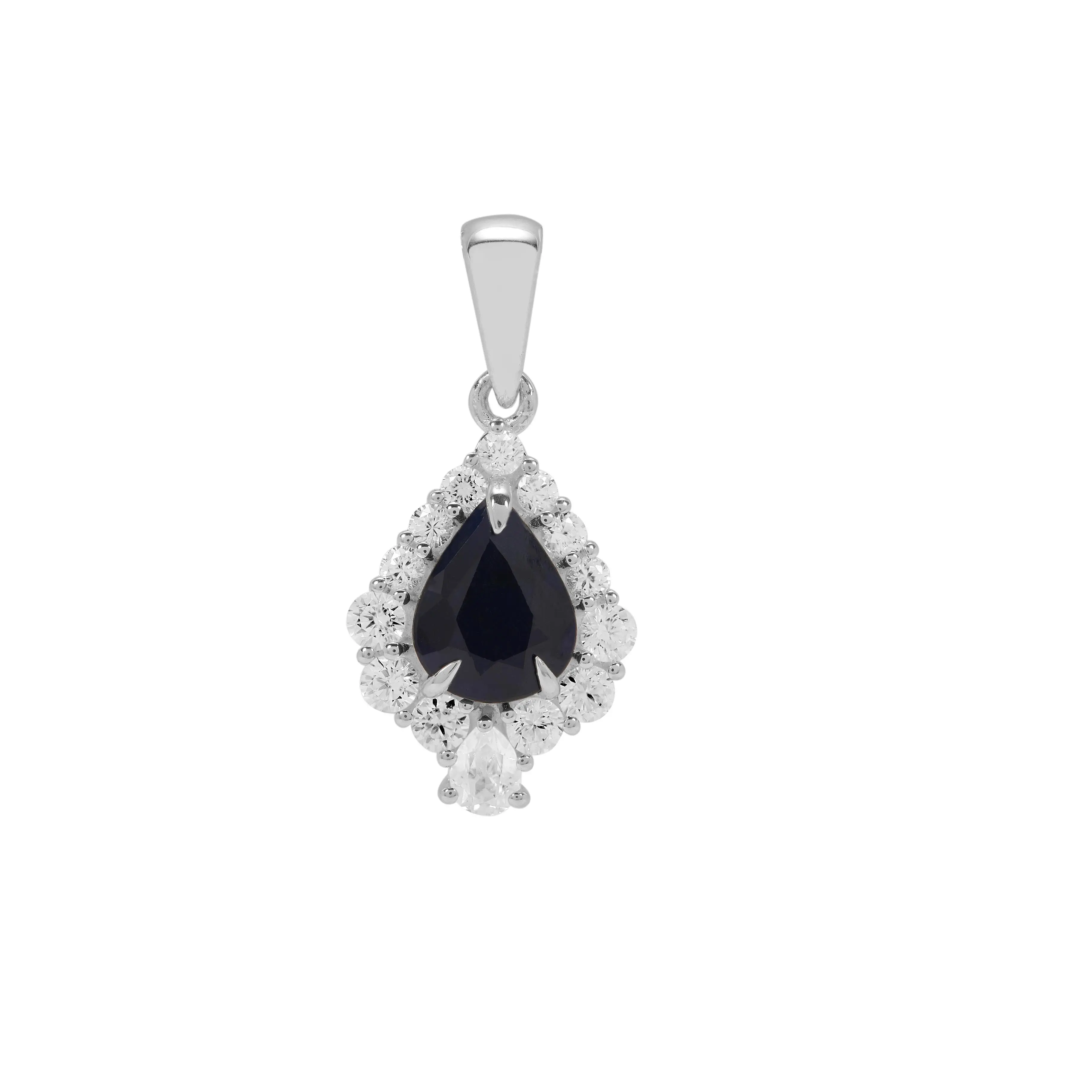 Madagascan Blue Sapphire & White Zircon Silver Pendant