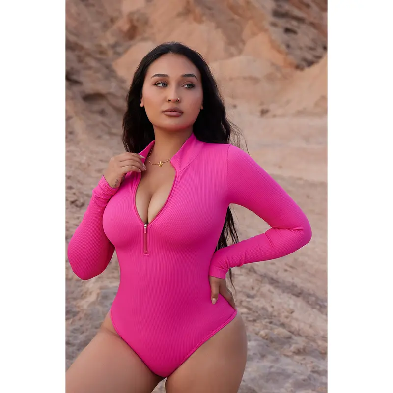 Women's Bodysuits Sexy Ribbed One Piece Zip Front Longsleeves Tops Bodysuits Womenswear Lady Vneck Comfort Basic Minimalist 3