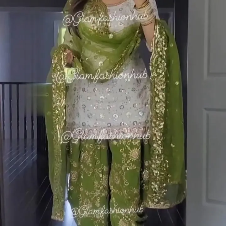 Pre Order Green Punjabi suit. Indian designer punjabi suit. Beautiful Wear Salwar Suit With Dupatta Readymade Stylish Sharara Set, Diwali Gift for Her