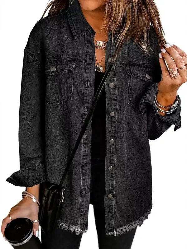 Women’s Oversized Button Up Frayed Hem Shacket Long Sleeve Pockets Denim Jean Jacket Womenswear Coats Comfort Casual Outerwear Fitted 3