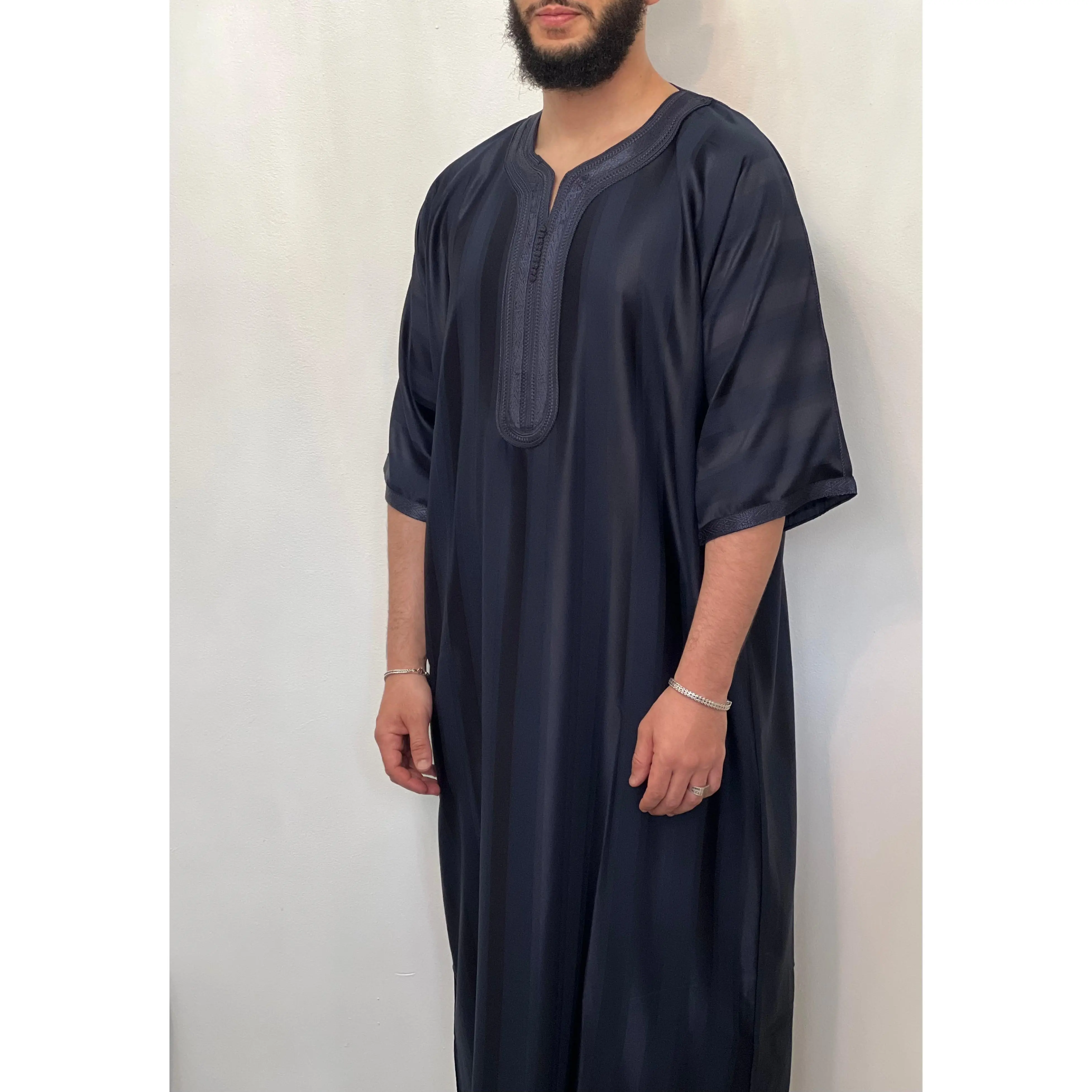 premium shine Thobe Jawehara Moroccan Navy