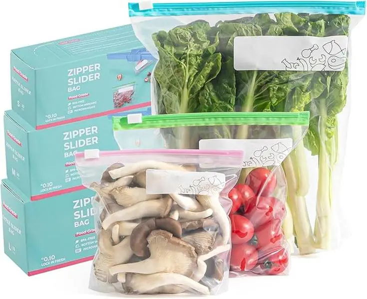 55 Pcs Freezer Bags,Zip Lock Bags, Sandwich Bags Resealable Food Bags with Expandable Bottom，BPA Free Reusable Freezer Bags for Fruits, Vegetables, Meat, Grains Containers Kitchen