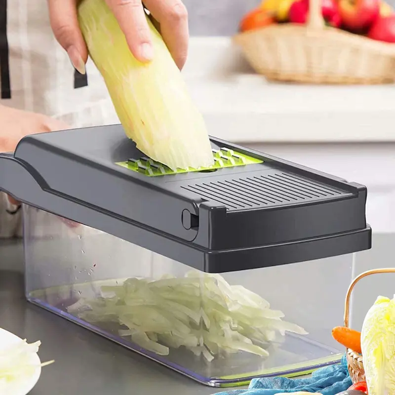 16 in 1 Vegetable Salad Fruit Mandolin Slicer Food Dicer Cutter Peeler set Kitchen utensils  Blade Stainless Steel BPA free Detachable Knives Lid vegetable slicer Silicone green veg table chopper 2