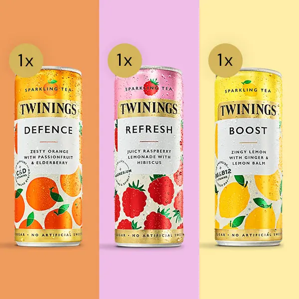 Twinings Sparkling Tea - Trial Pack - Raspberry Lemonade - Lemon & Ginger - Orange & Passionfruit - 3x250ml - Sparkling Beverage with Magnesium, Niacin, Vitamins B6, B12, C & D - Drink