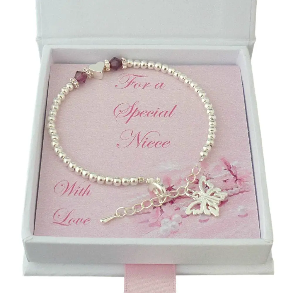 Birthstone Bracelets for Girls with a Butterfly Charm in Gift Box for Sister, Daughter, Goddaughter, Niece, Granddaughter, Friend