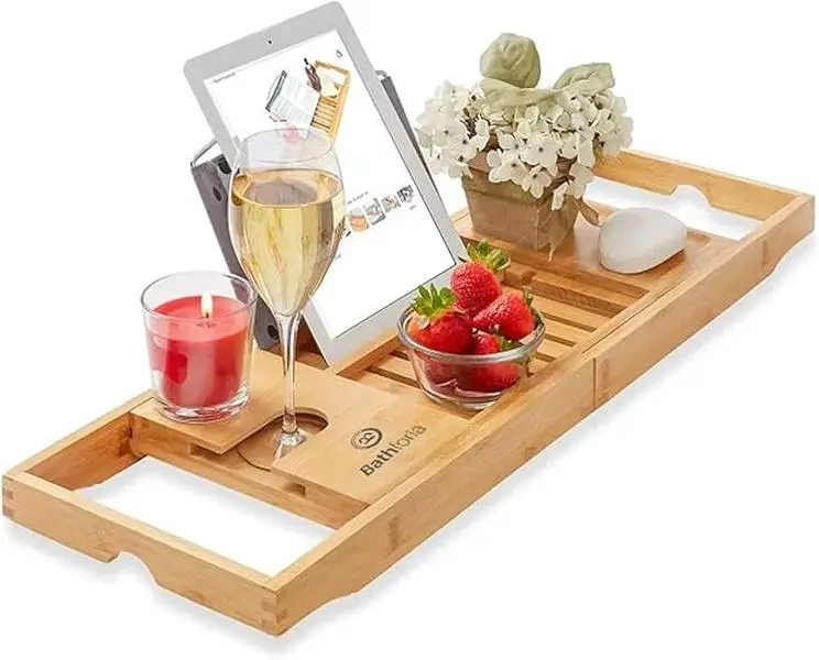 Bathforia Extendable Wooden Bath Tray - Bamboo Bathroom Caddy Trays with Wine Glass, Candle, Phone, Tablet, Book Holder - Foldable Bath Board for Fantastic Bath Experience - Adjustable Bath Rack, Wood Table Organiser Bathtub