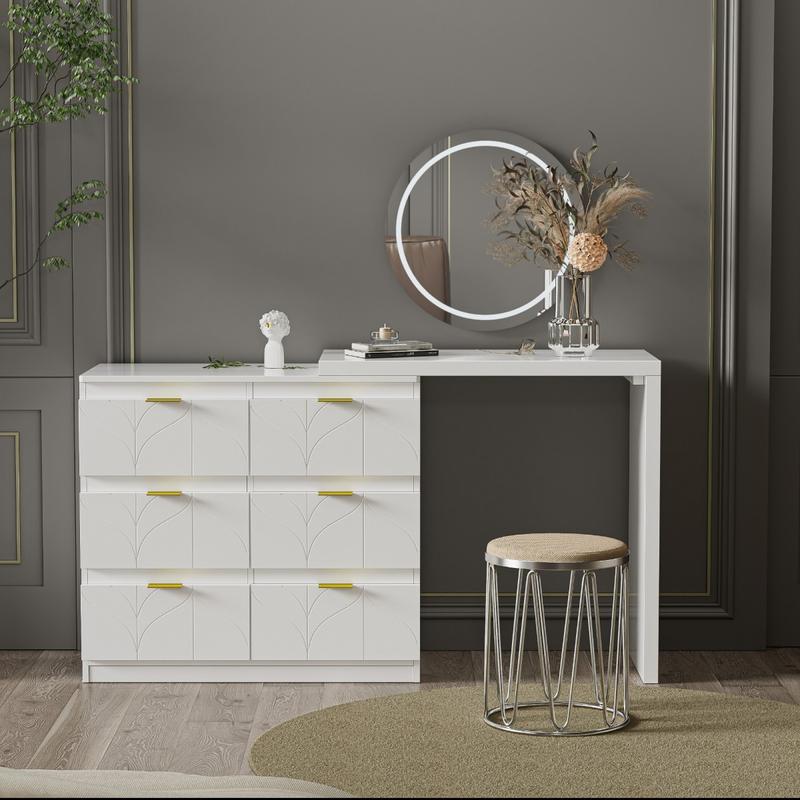 Product Introduction of Dressing Table with Side Table, Bedroom Dressing Tables, Office Table with 6 Drawers, Gold-Plated Handles, Rotating Table Top (180°), Floral Pattern, Shock-Resistant Rounded Corners, White (Without Mirror and Stool) 13