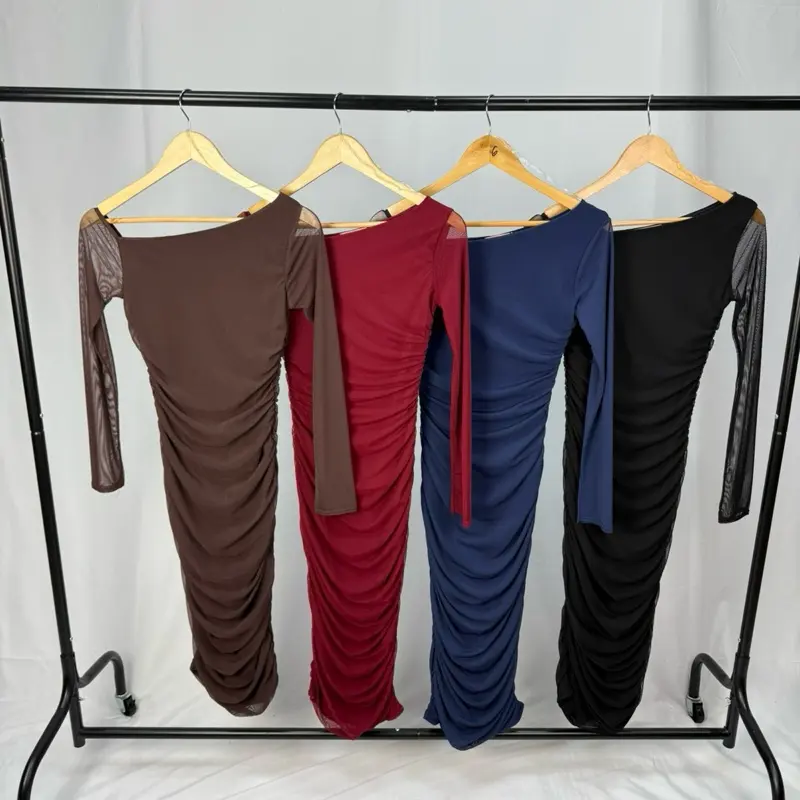 Women's Autumn Mesh Ruffle Elegant Formal Dress, Long Sleeve Mid-Length, Ideal for Date Night - Womenswear, Comfort- FL 106