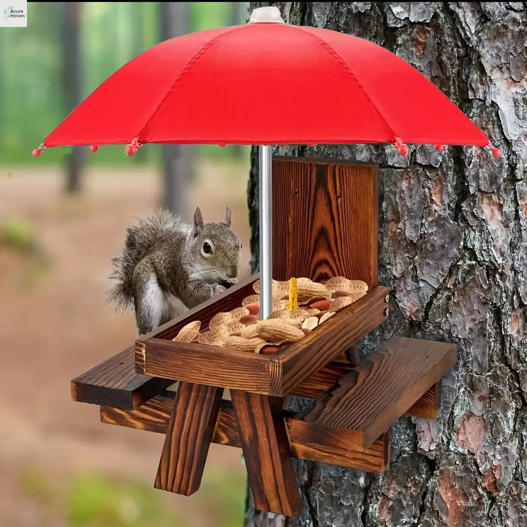A&H    Durable Umbrella - Equipped Wooden Squirrel Feeder with Corn Cob Holder - Great for Picnics and Outdoor Enjoyment