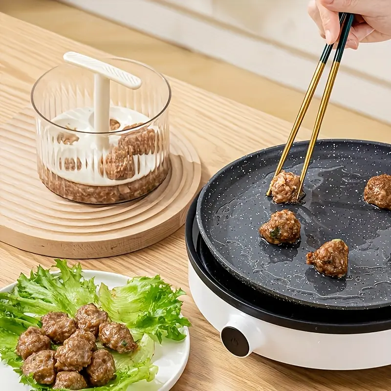5-Hole Easy Press Meatball Maker with Lid - Transparent Multi-Function Kitchen Gadget for Perfectly Shaped Fish Balls, Meatballs & More - Food-Safe Plastic, Includes Scoop & Mixing Bowl, Cooking Accessory|Transparent Design|Easyclean Utensil, Meatball Mak 6