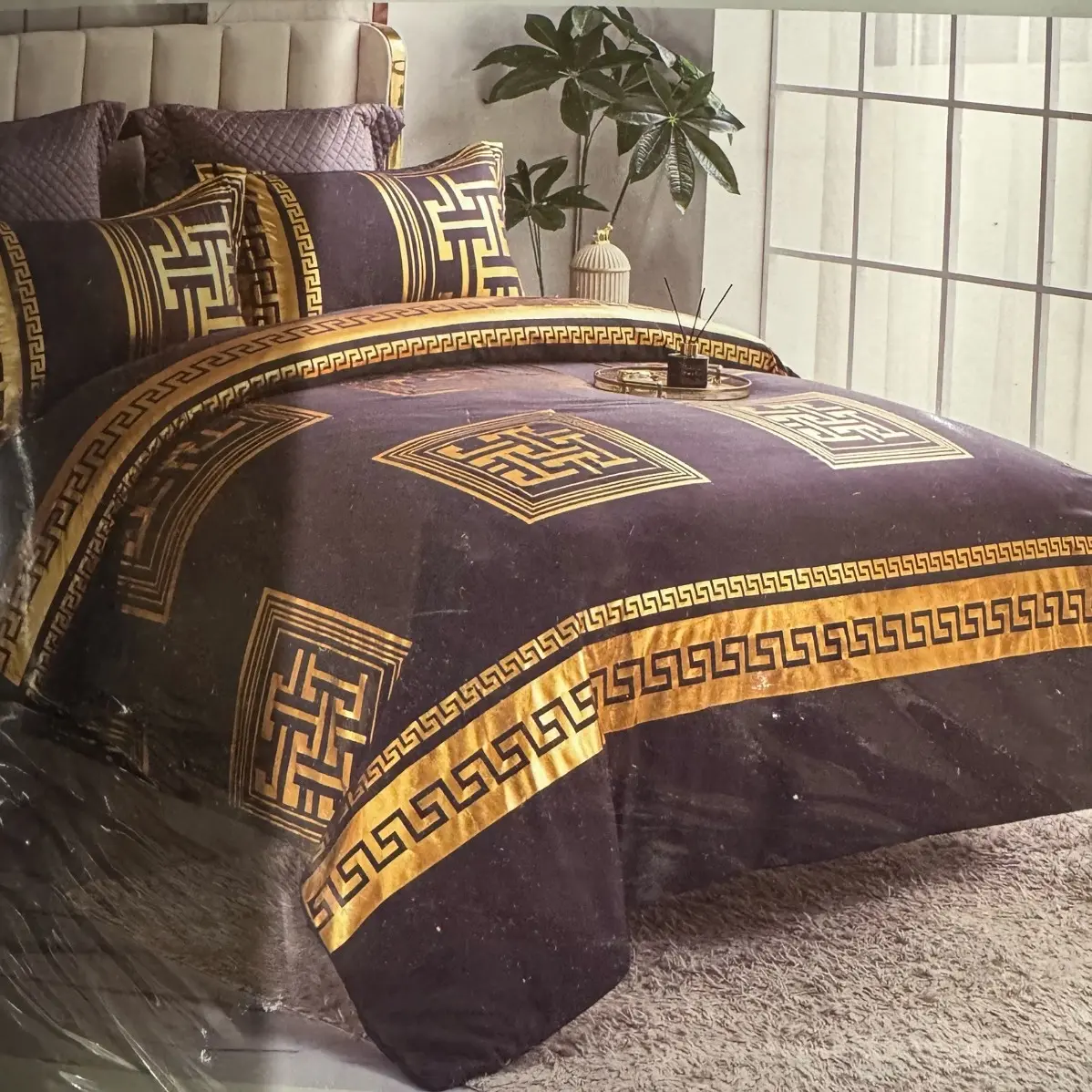 Metallic Gold or silver - Greek Style 10 Design’s - kingsize Bed Set with Egyptian Cotton Touch - Complete with Fitted Sheet, Duvet Set, and 2 Pillow Cases