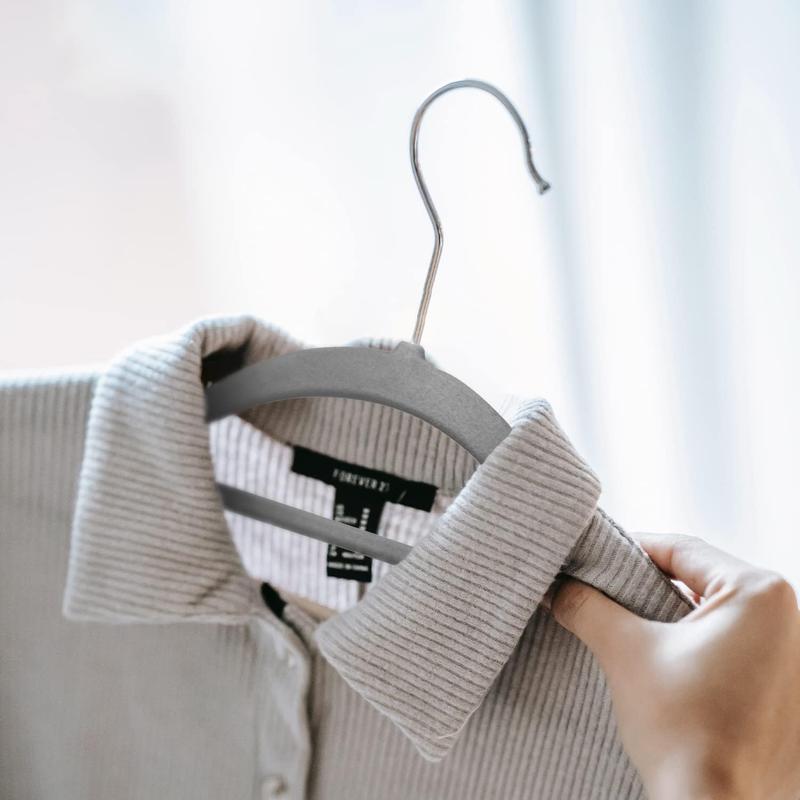 Velvet Hangers 20 Pack - Non-Slip Clothes Hangers with Tie Bar & 360° Hook - Grey - Hanging Organiser Adjustable 2
