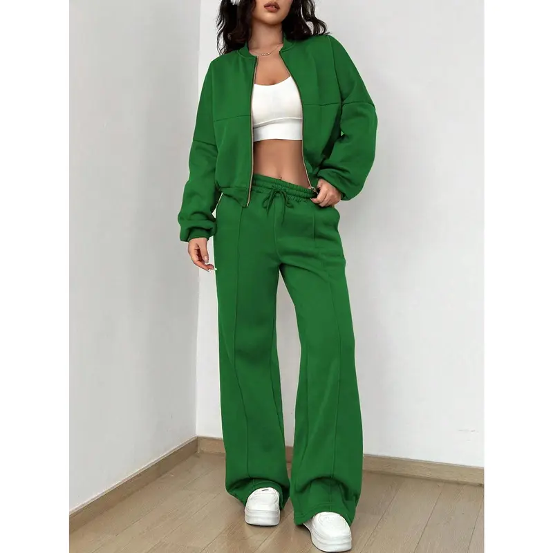 NEW Women's Autumn 2025 Two Piece Set Cardigan Zipper Sweatshirt Jacket With Elastic Waistband And Wide Leg Pants Casual Set Ladies HOT 3