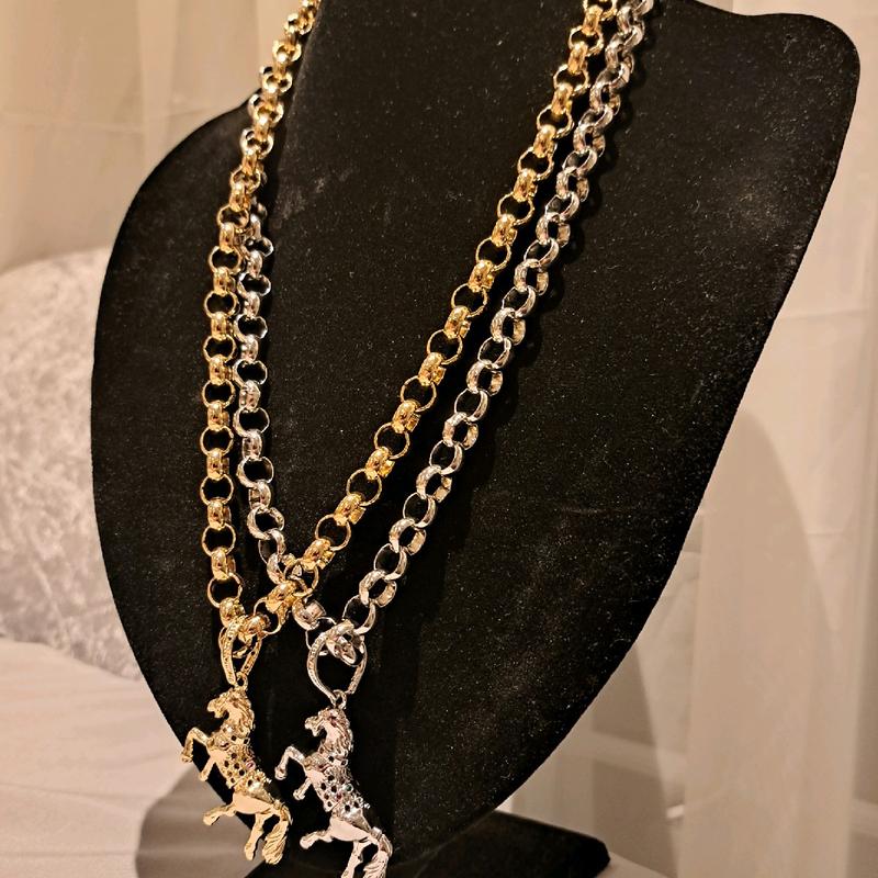 horse pendant on medium weight belcher chain gold or silver plated available stainless Steel 24inc length 6