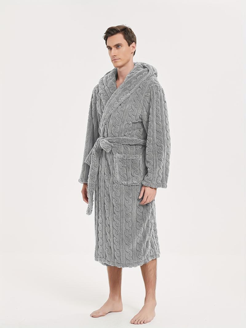 Product Introduction of Men's Comfy Solid Fleece Robe Home Hooded Pajamas Wear With Pocket & Hair Dry Hat, One-piece Lace Up Kimono Night-robe Warm Sets After Bath 20