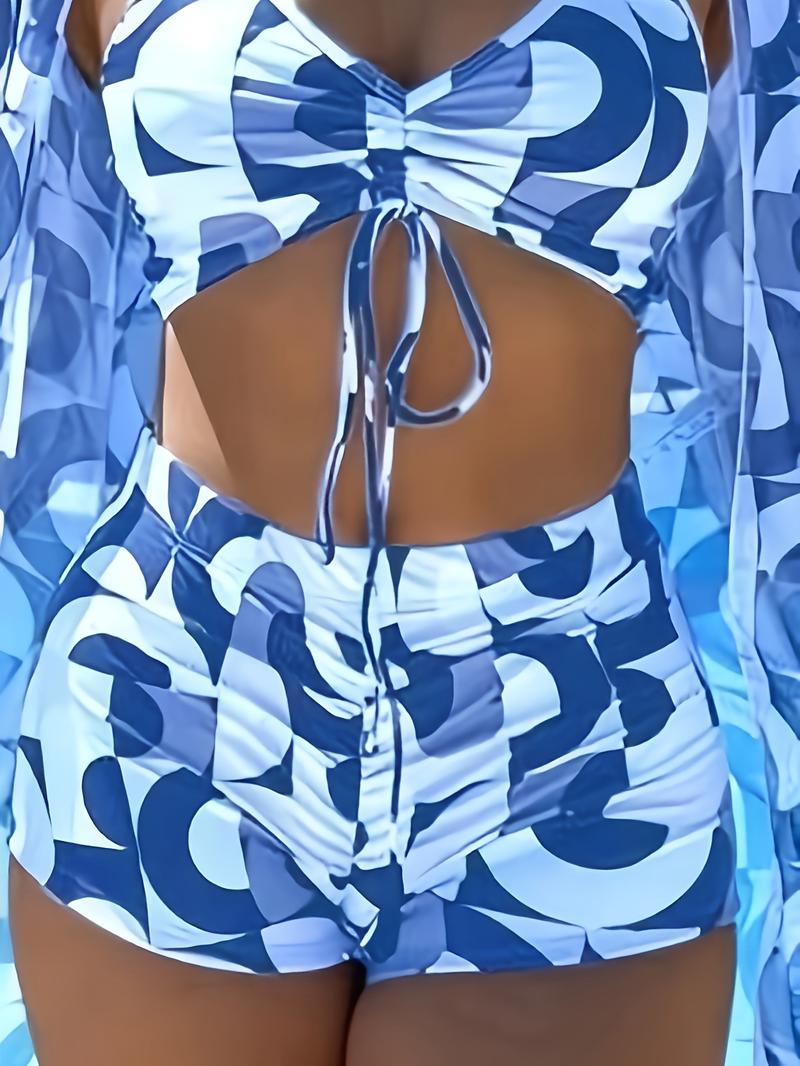 Product Introduction of Chic 3-Piece Swimsuit Set for Women - Vibrant Contrast Print, High-Waisted Ruched Bottoms & Long Sleeve Cover-Up for Beach Days 4