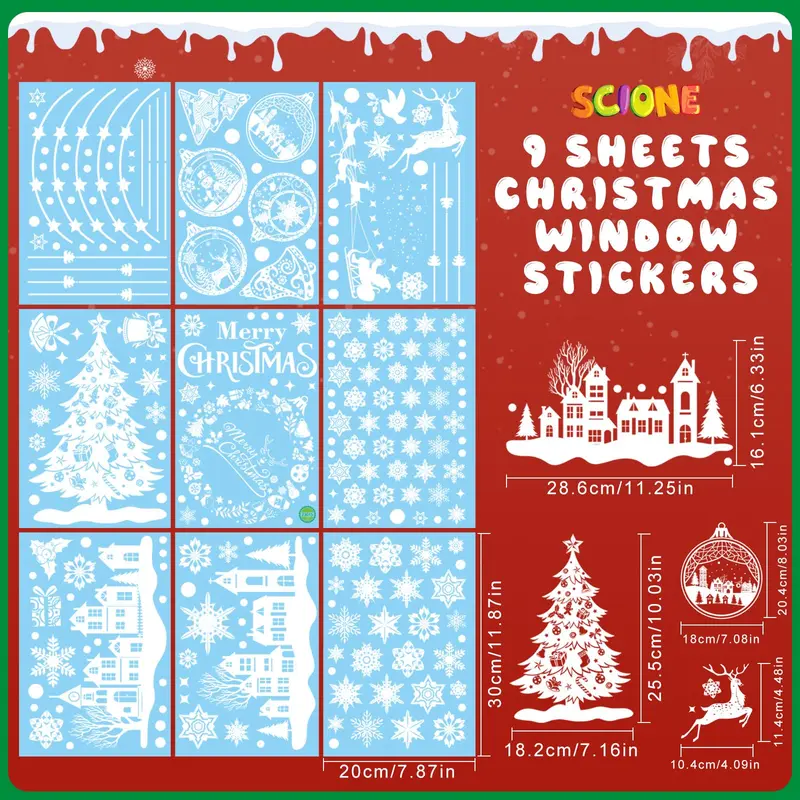 SCIONE 243Pcs Christmas Window Stickers,9 Sheets Christmas Window Decorations for Party Supplies Resuable Double Sided Static Christmas Window Clings for Home Glass Set Smooth Halloween Ornaments 3