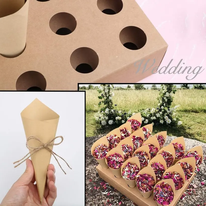 50Pcs Wedding Confetti Cones with Cones Tray Box Kraft Paper Cones Petals Bouquet Candy Chocolate Cones Holders for Wedding Party Favour Gifts, Include Hemp Ropes and Tape (Brown) 3