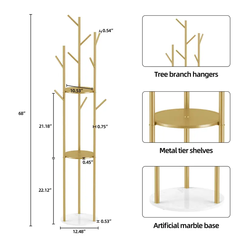 Marble Metal Coat Rack Freestanding with 3 Storage Shelves and 9 Hooks, Enterway Hall Tree for Hanging Coats, Jackets, Hats, Bag Hanger Organiser Hangable Room Installation 4