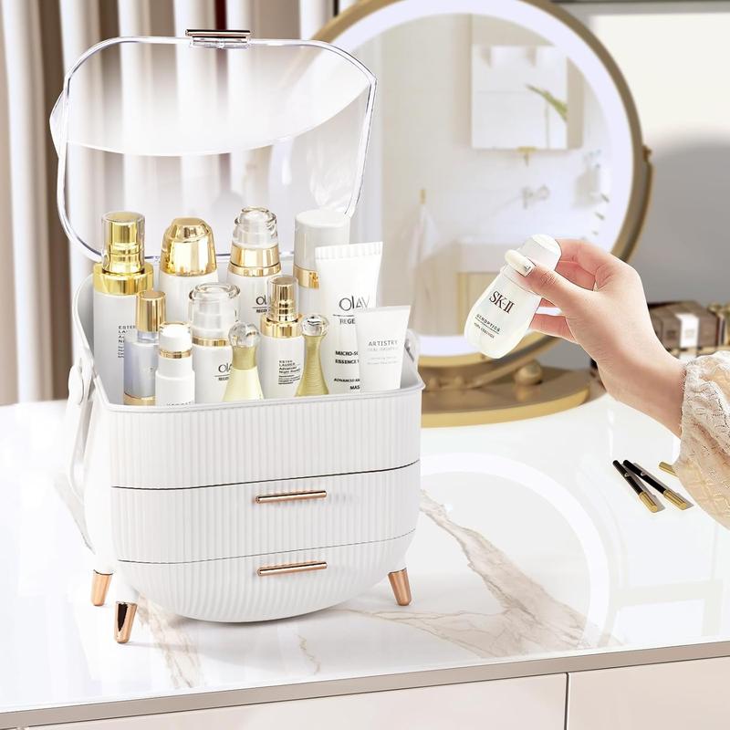 Makeup Organiser Storage Box, Cosmetics Display Case with Transparent Cover, Dust Proof Waterproof Cosmetics Storage Box Suitable for Bathroom Countertop and Bedroom Vanity Dresser (White) Decor 3