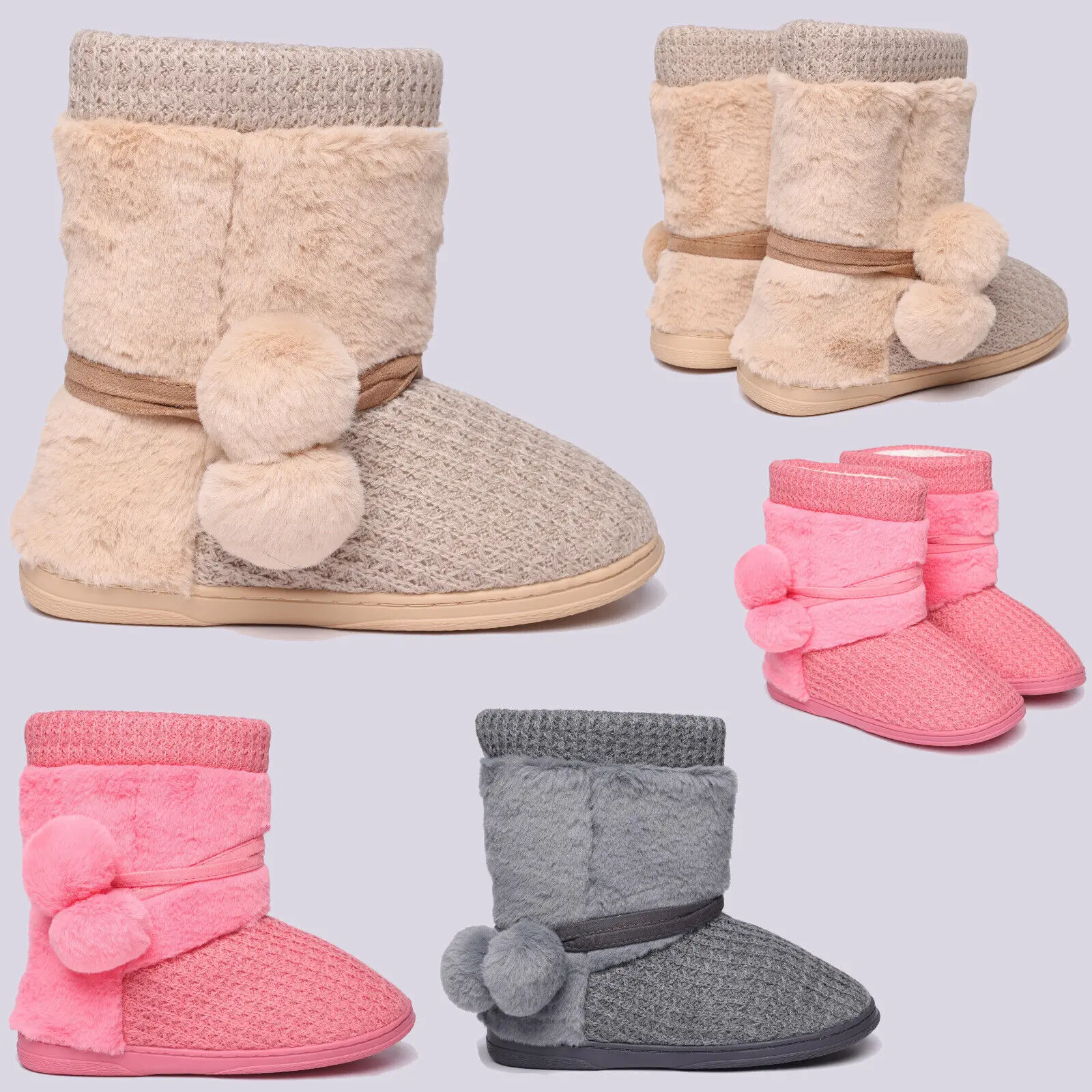 Ladies Faux Fur PomPom Boot Slippers