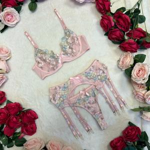 LILIOSA LINGERIE FAIRYCAKE New Limited Collection Pink BabyBlue & Yellow 3 High Quality Piece Lingerie Set - (Bra + Garter + Pants) Lightweight Lingerie, Summer Sets, Breathable Bras and Pants, Lingerie for hot weather, everyday cooling fabrics