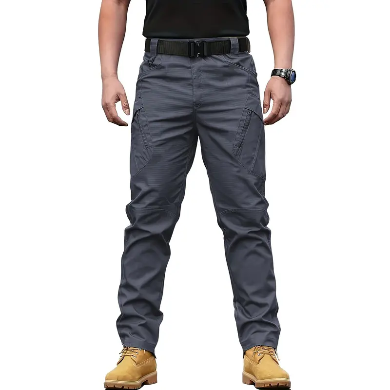 Multi Pocket Men's Tactical Pants, Loose Casual Outdoor Military Pants Without Belt, Mens Cargo Pants For Hiking Menswear Trouser Beige Plain Yellow 8