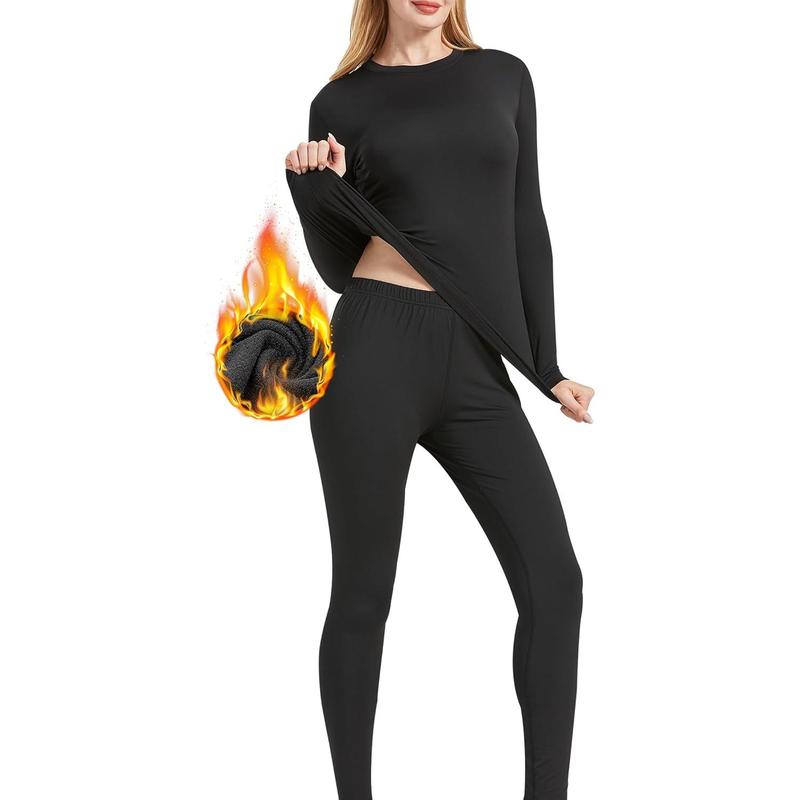 Womens Thermal Underwear Set,Crew Neck Long Sleeved Base Layer Top & Leggings Multifunctional Home Thermal Base Layers for Sports Skiing Womenswear Comfort Basic Black Minimalist 0