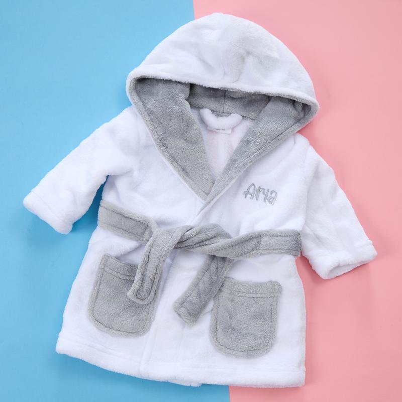 Personalised Unisex Baby Hooded Dressing Gowns Plush Fleece 6-12 12-18 18-24 Robe White Baby Boys Girls Cosy Soft Warm Bathrobe Wrapping Robe for Babies UK 2