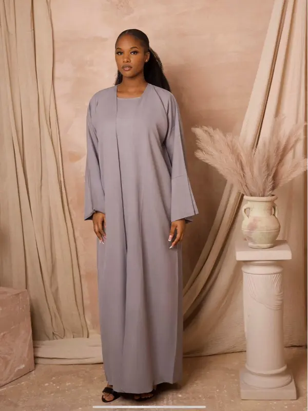 Trinidad Grey Abaya-(linen abaya+linen inner dress+chiffon scarf) 0