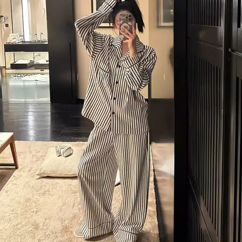 Stripe Sleepwear Pocket Pajamas Women Spring and Autumn 2025 New Long Sleeve Pants Sets Korean Long Sleeve Homewear Home Suit