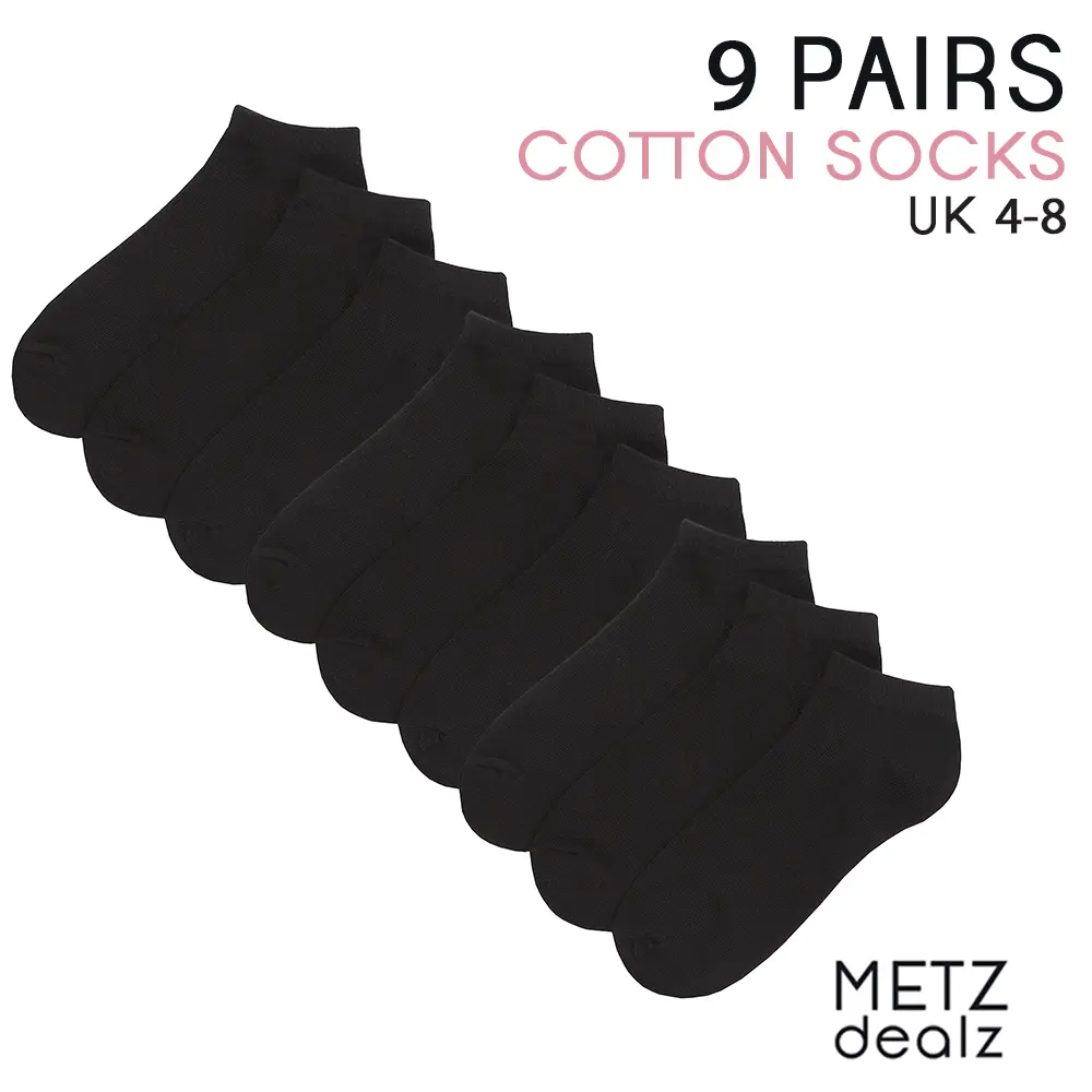 Women's Black Ankle Socks Trainer Liner Cotton Rich Solid UK 4-8 Womenswear