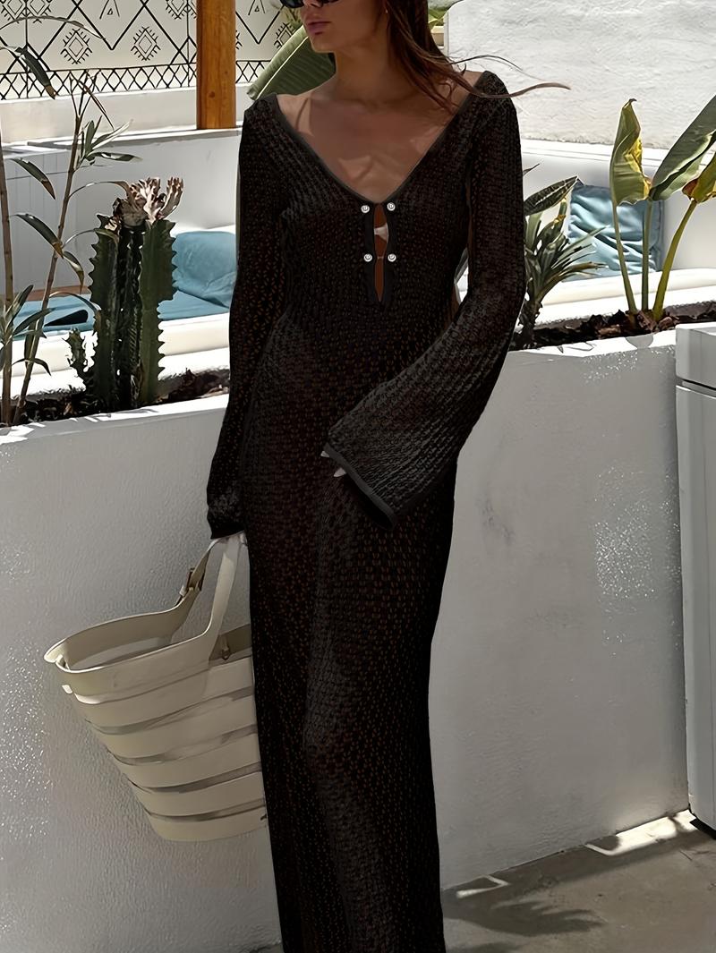 Product Introduction of Women White Long Knit Sleeve Bikin Fashion Cover up Female See-Through Deep V-Neck Hollow-Out Beach Knitwear Backless Dress 5