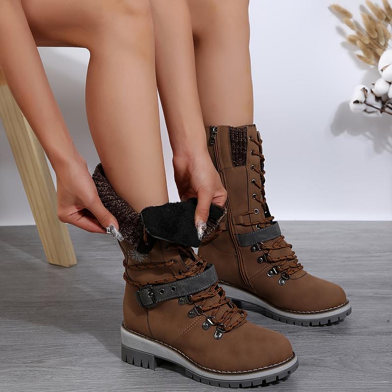 Product Introduction of Stylish Knitted Mid-Calf Boots - Trendy Solid Color Winter Boots with Side Zipper, Buckle Belt, and Non-Slip Sole for Women - Perfect for Cold Weather and Casual Occasions 3