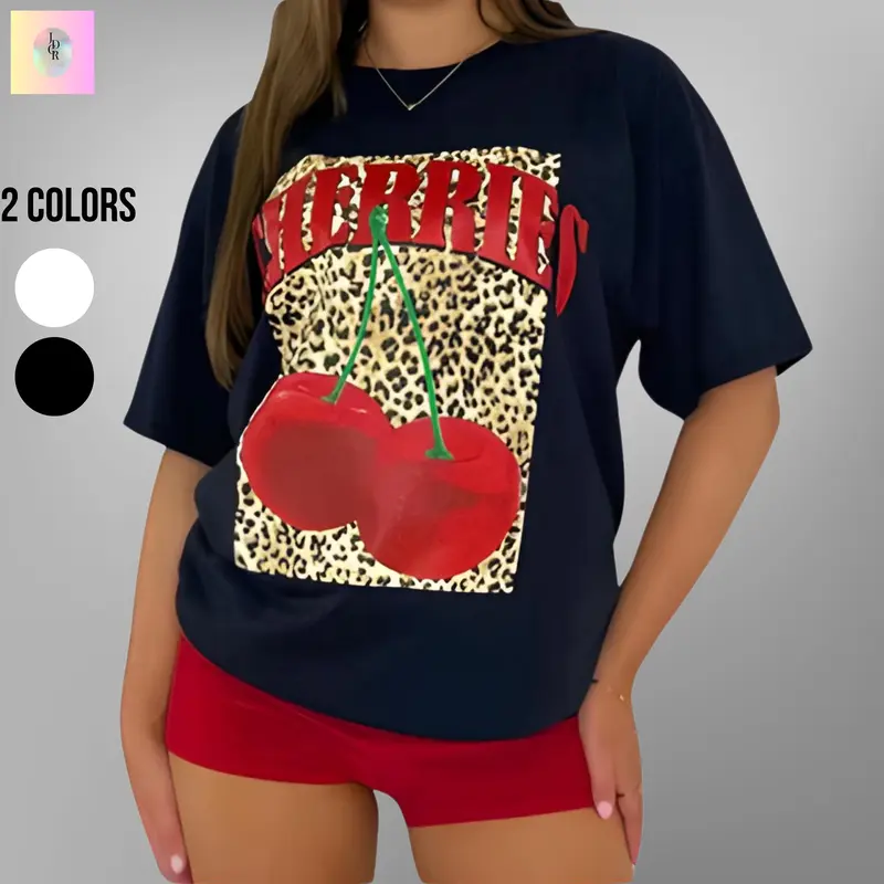 Women's CHERRIES Leopard Print Baggy T-Shirt Top for Women - Ladies Short Sleeve cherry tshirt 0