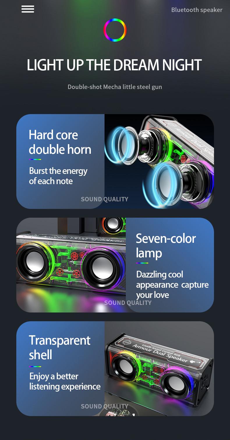 Product Introduction of New transparent dazzle colour light bluetooth speaker V8/small steel cannon bass/support tandem mecha 1