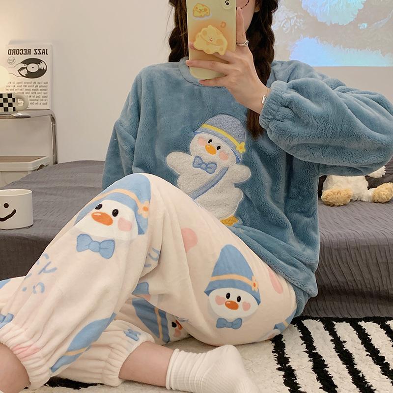 Autumn Winter Warm Flannel Women's Pajamas Set Long-sleeved Trousers Two-piece Set Cute Soft Home Wear Clothes for Women 3