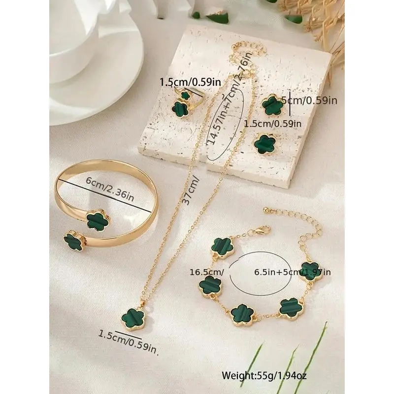 Lucky flower shaped jewelry set, 6 counts charm necklace & bracelet & Ring & stud earring 7