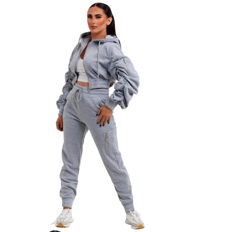 Women's Crop Rushed Hooded Zip set Oversized 2 Piece Loungewear Tracksuit Co-Ord Joggers  Top Set Size 8-16 Comfort Long Sleeve Womenswear Breathable Casual Comfortable Fitness Pants Coat Drawstring Pockets Soft Stretchy  Trouser Fabric viral  lounge 4