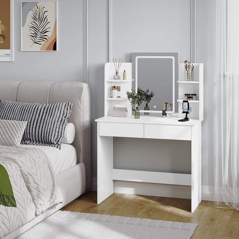 WOLTU Dressing Table with Dimmable LED Lights, Vanity Desk with Mirror & 2 USB Charging Ports, Makeup Table with 2 Drawers and Open shelves, Wooden Bedroom Dresser, White, MB6112ws clear  vanity 1