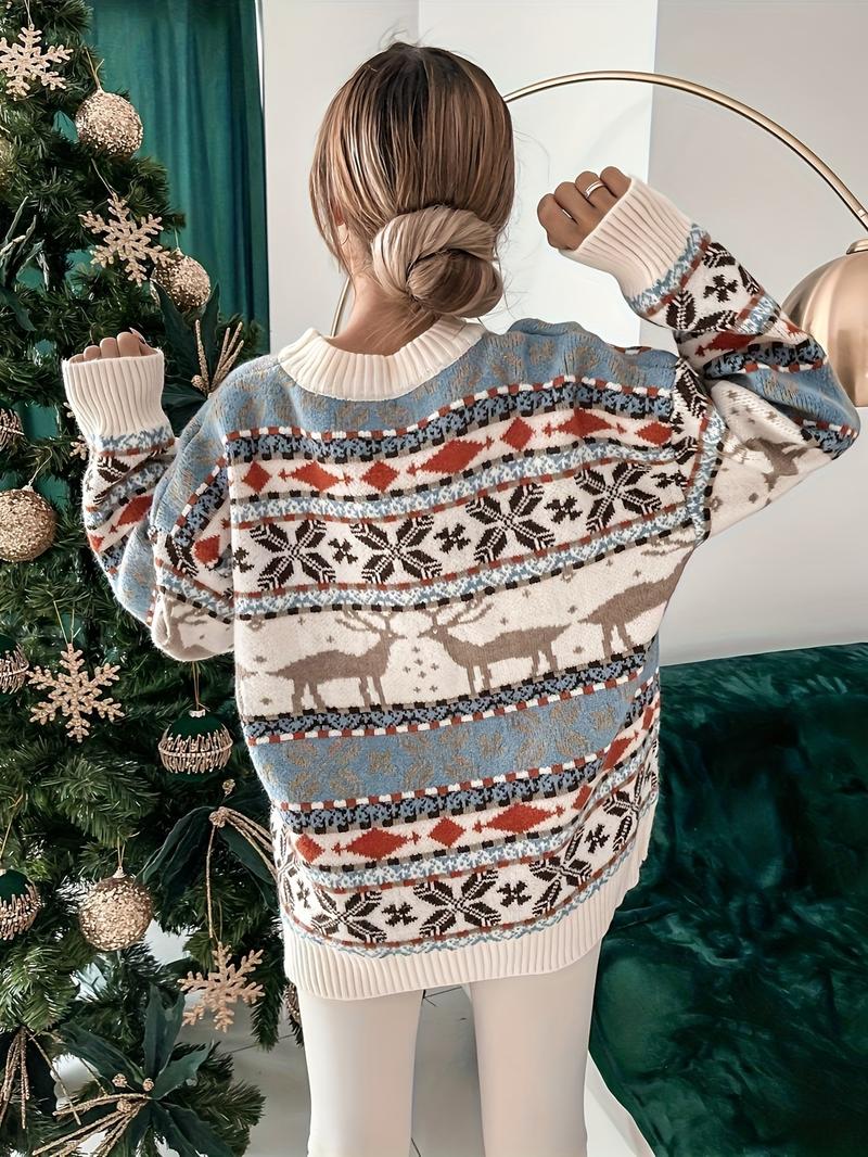 Product Introduction of Plus Size Christmas Deer Pattern Knitted Sweater, Casual Crew Neck Long Sleeve Pullover Sweater, Women's Plus Size Clothing 9