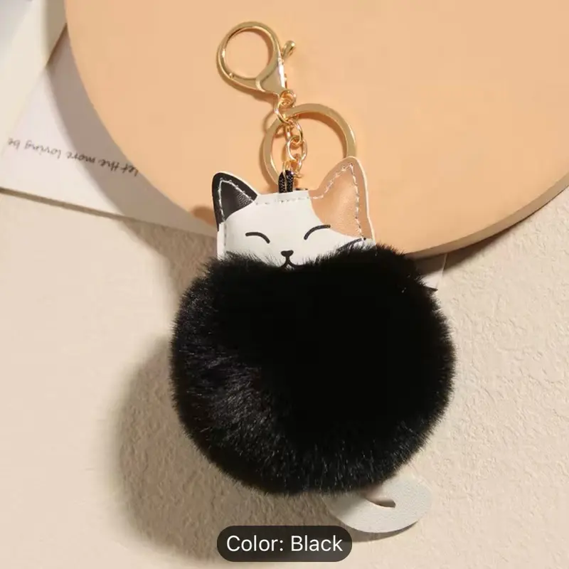 Fur Ball Lovely Smiley Cat Head Key Chain For Women's Bag Or Cellphone Or Car Pendant Cartoon Cat & Pom Pom Decor Bag Charm Key Ring 2