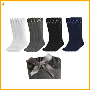 LE11-3 Pairs Of Girls Bow Knee High Socks, White Grey Black Navy Knee High School Socks With Ribbons Bows