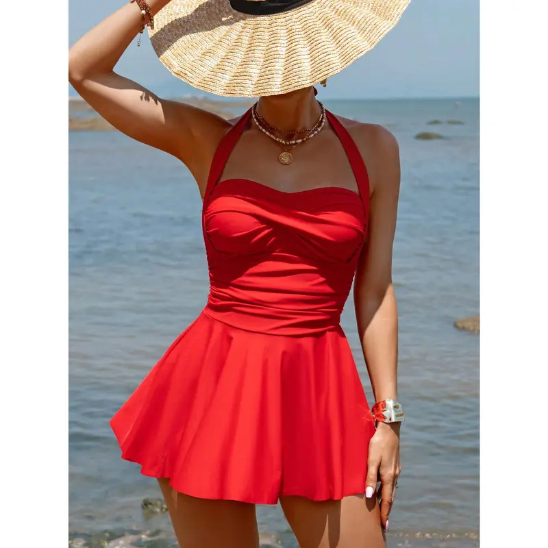 Swim Vcay 2025 Women's Solid Color Halter Cross Front Casual Swimsuit Dress Summer 1