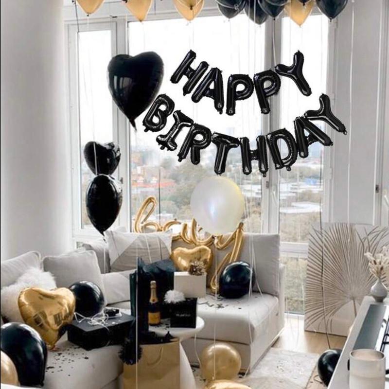 42pcs 16-Inch Black "Happy Birthday" Letter Foil Balloons Set, Including Black, Gold, White Latex Balloons And Heart-Shaped Foil Balloons, Happy Birthday English Letter Decoration, For Party Scene Decoration, Birthday Party, Home Party Background Supplies 2