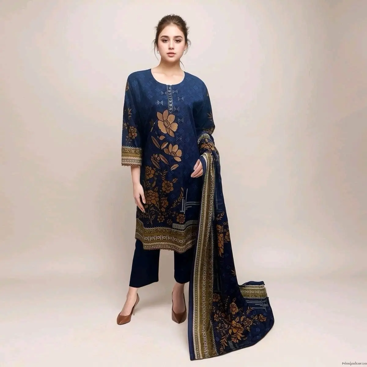 Beautiful Dhanak Digital Printed & Embroidered Shirt Ready To Wear 3pc Suit With Printed Wool Shawl