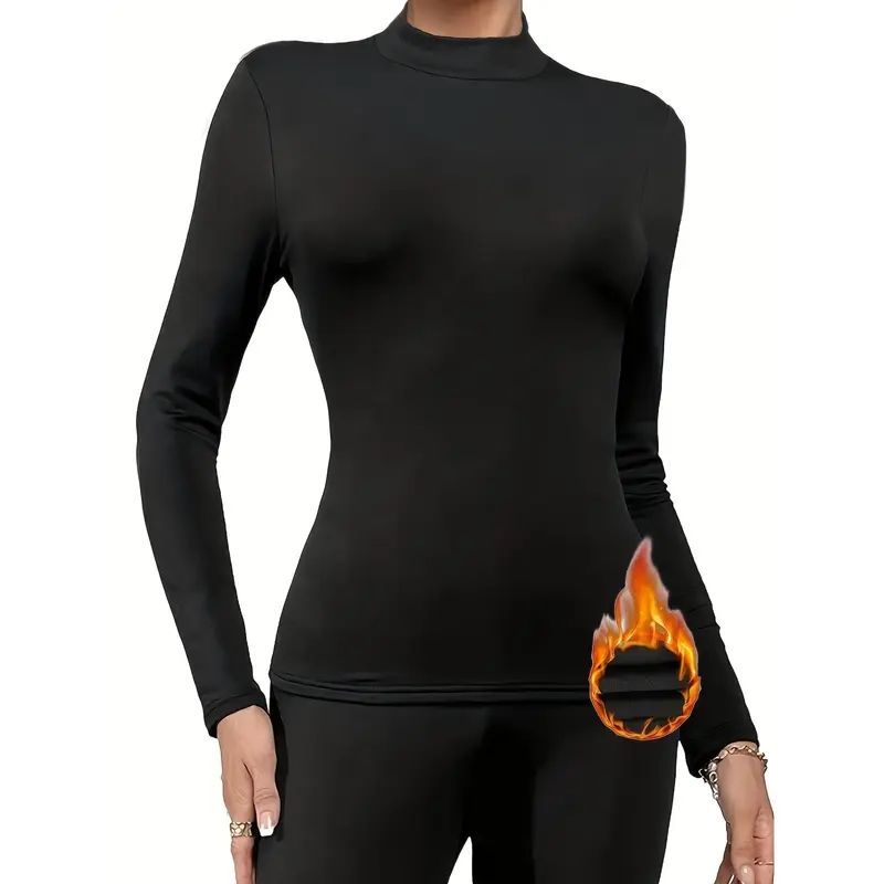 1pc Women's Thermal Long Sleeve Top, 95% Polyester 5% Elastane Knit Fabric, Solid Color Warm Base Layer Shirt 2