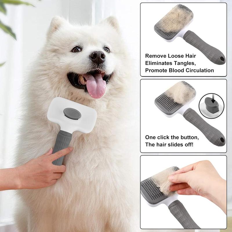 Dog Brush Cat Grooming Comb,Self Cleaning Pet Slicker Brushes with Smooth handle,Dog Grooming Tool with Button for Pet Shedding Brush Cat Massage Clean Tangled(Grey) 4